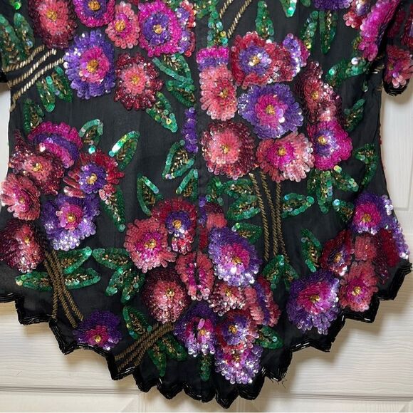 Vintage Laurence Kazar Silk Floral Beaded Sequined Top Multicolor Formal - Picture 10 of 16